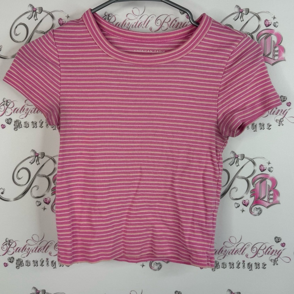 American Eagle Outfitters tshirt tee cropped candy Pink and White Striped Tee